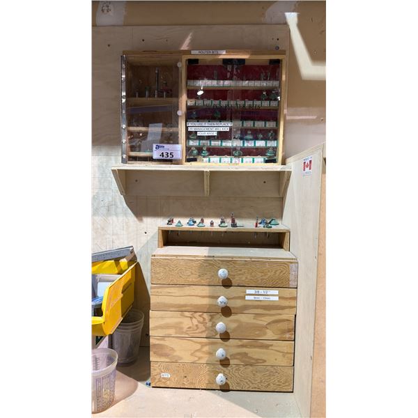SMALL WALL MOUNT CABINET AND 5 DRAWER WOODEN CABINET WITH ASSORTED