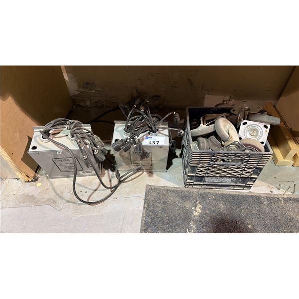 2 LIGHT-O-RAMA POWER BOXES AND MILK CRATE FULL OF ASSORTED HEAVY DUTY CASTORS