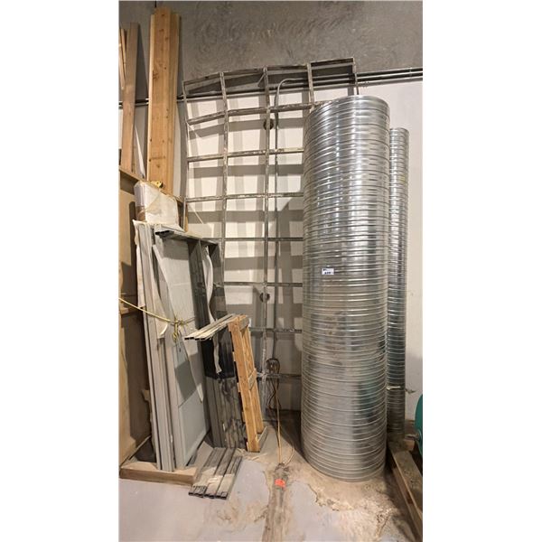 ASSORTED METAL HOLLOW ROUND WATER PIPE, LARGE SHEET METAL DUCT PIPE AND