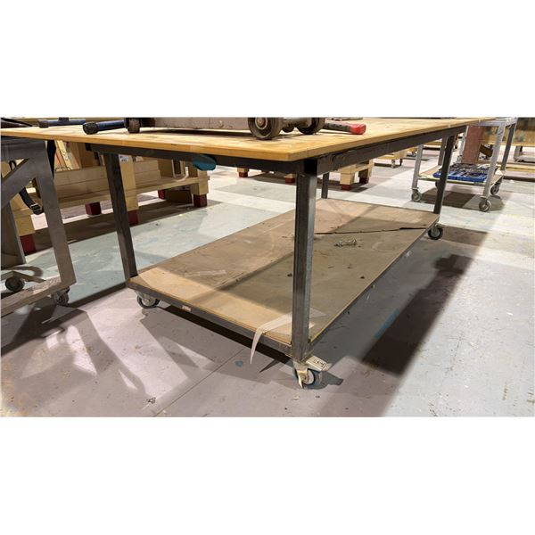 LARGE STEEL WOOD TOP STEEL FRAMED 2 TIER MOBILE WORK TABLE - APPROX. 10FT X 5FT X 3 1/4FT HIGH