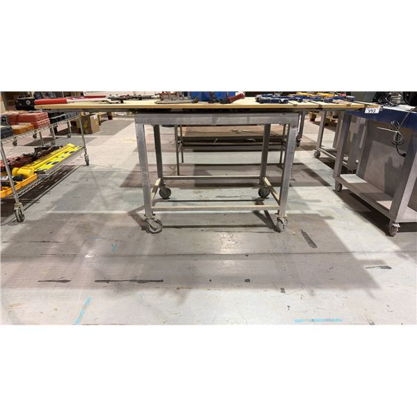 2 WOOD TOP STEEL FRAMED WORK TABLES - 1 MOBILE/1 STATIONARY