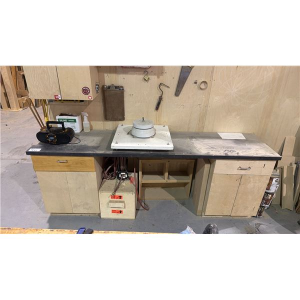WORK BENCH WITH MOUNTED UPPER CABINETS AND ASSORTED MISCELLANEOUS ITEMS