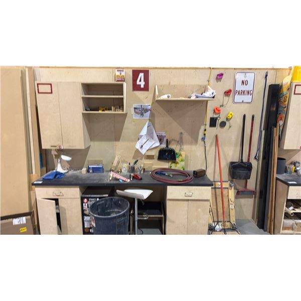 WORK BENCH WITH MOUNTED UPPER CABINETS AND ASSORTED MISCELLANEOUS ITEMS