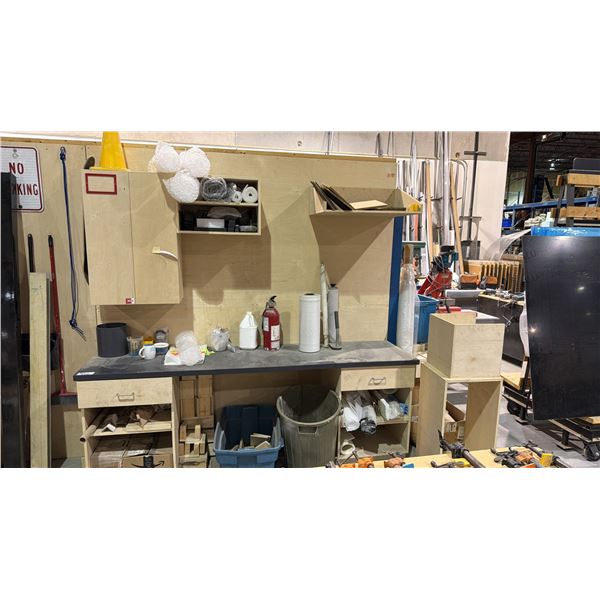 WORK BENCH WITH MOUNTED UPPER CABINETS AND ASSORTED MISCELLANEOUS ITEMS