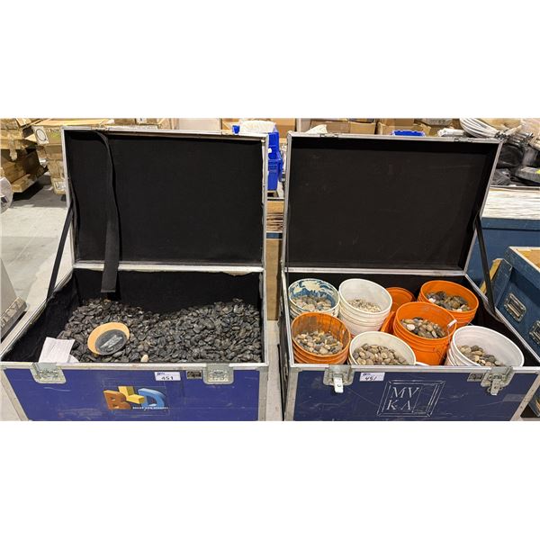 2 MOBILE WOODEN TRANSPORT BOXES FULL OF ASSORTED SMOOTH RIVER STONES