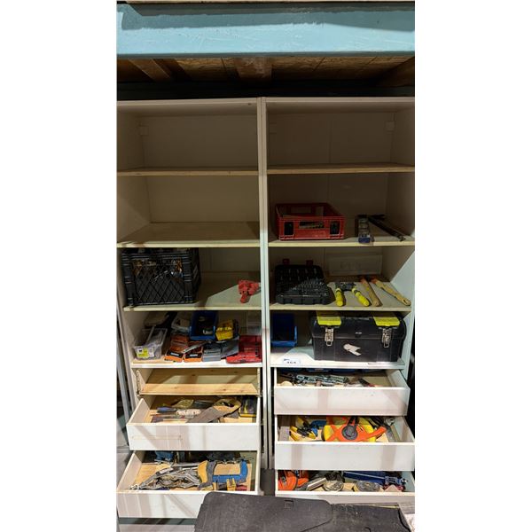 2 PC WHITE SHELVING UNIT WITH DRAWERS AND CONTENTS - ASSORTED TOOLS & HARDWARE