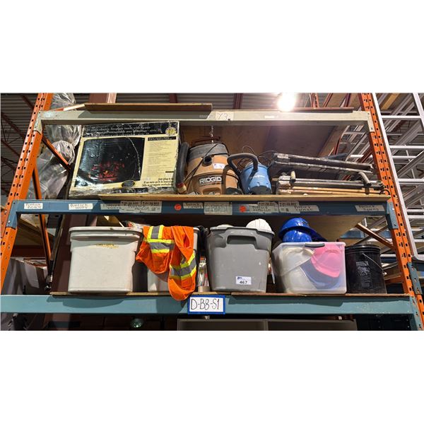 2 SHELVES OF ITEMS - CONSTRUCTION HARD HATS, SAFETY VESTS, ELECTRIC FIREPLACE, VACUUMS