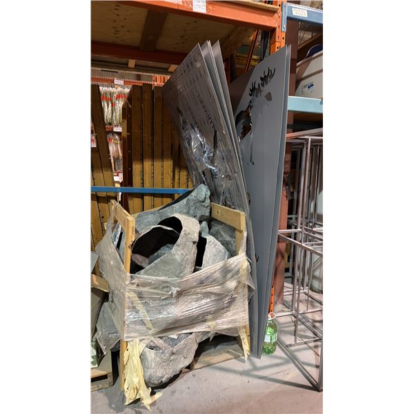 WOODEN PALLET CRATE FULL OF ARTIFICIAL BOULDERS AND (8) 4FT X 8FT ALUMINIUM SHEETS