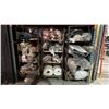 Image 1 : 3 METAL STORAGE SHELVES FULL OF ASSORTED AREA RUGS