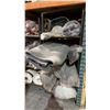 Image 5 : 3 METAL STORAGE SHELVES FULL OF ASSORTED AREA RUGS