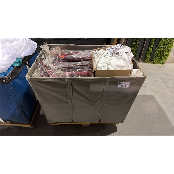 MOBILE LAUNDRY BIN AND CONTENTS - TABLE CLOTHS