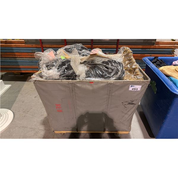 MOBILE LAUNDRY BIN AND CONTENTS - TABLE CLOTHS & TASSELS