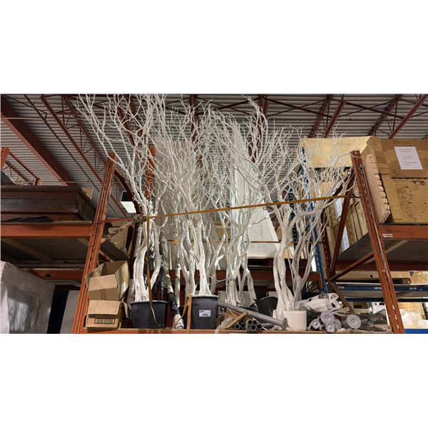 LARGE GROUP OF PAINTED WHITE BRANCH TREES AND ASSORTED METAL PEDESTALS
