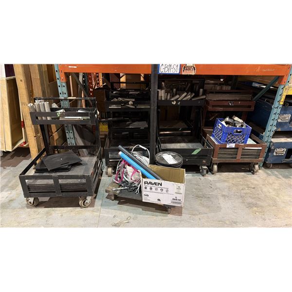 GROUP OF STAGE RIGGING BASE PLATFORM MOBILE CARTS LOADED WITH STEEL PLATES AND RIGGING