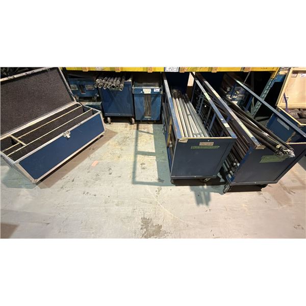 GROUP OF (8) MOBILE TRANSPORT BOXES OF ASSORTED EVENT RIGGING POLES