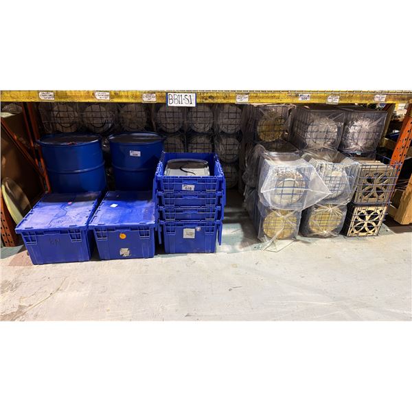 (2) EMPTY 50 GALLON BARRELS AND (6) LARGE BLUE STORAGE BINS