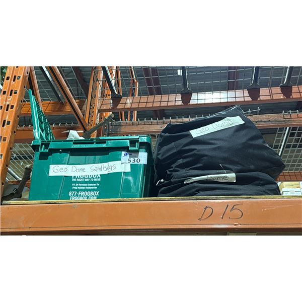 2 DUFFLE BAGS AND 1 STORAGE BOX OF GEO DOME SANDBAGS