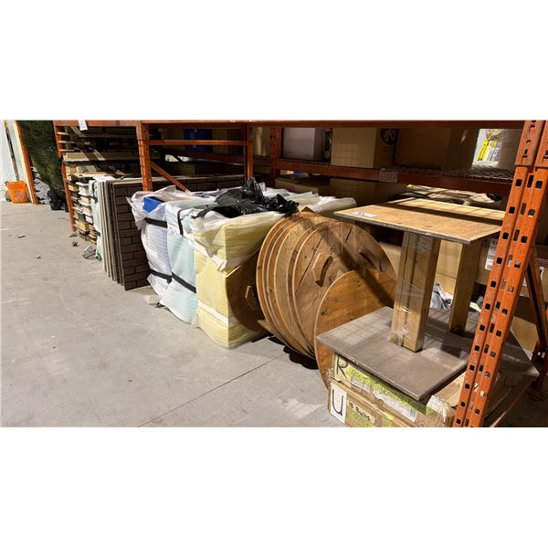 2 PALLET RACKING SECTION OF ASSORTED EVENT STAGING PLANTER BOXES, ROUND TABLE TOPS