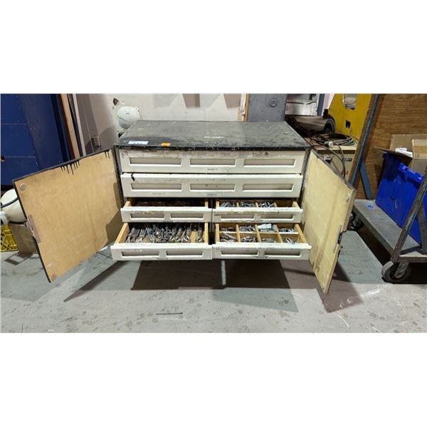 BLACK MOBILE MULTI DRAWER CABINET FILLED WITH ASSORTED RIGGING HARDWARE