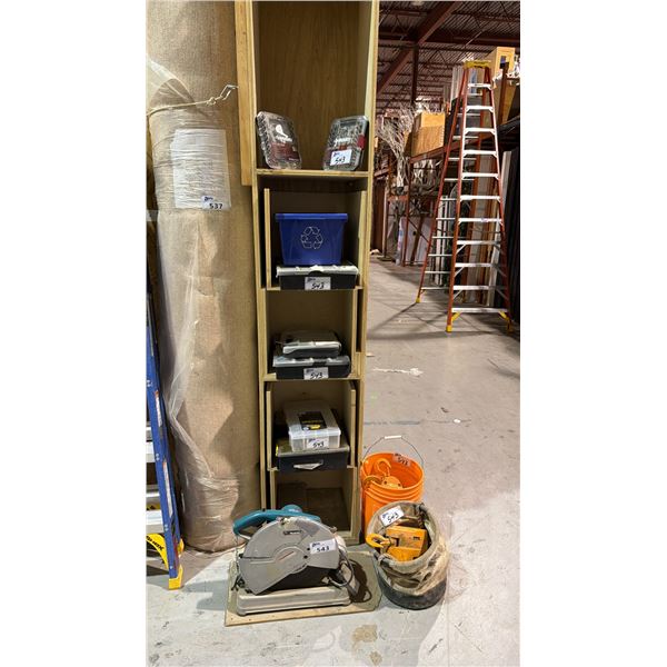 MAKITA CHOP SAW, 2 ONE TON CHAIN HOISTS, 2 HUSKY TOOL KITS AND ASSORTED PARTS