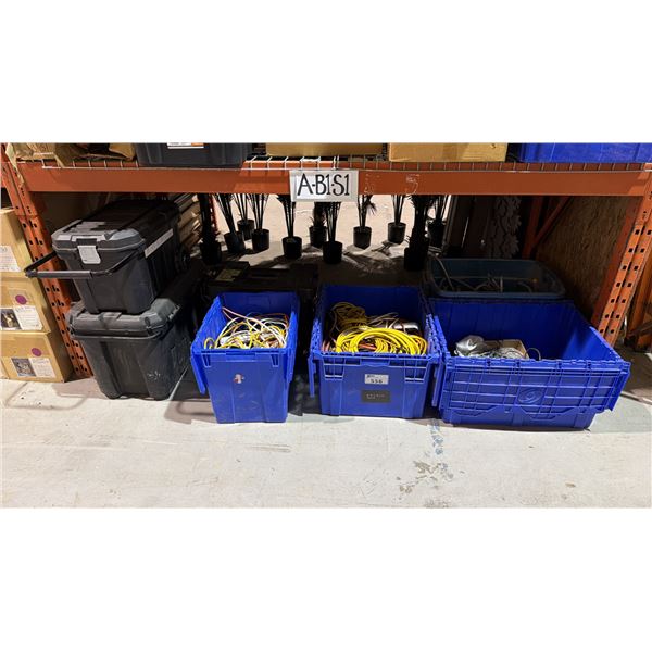 4 PLASTIC STORAGE BINS AND 3 BLACK ROLLER TOOL CASES OF ASSORTED CABLE AND EXTENSION