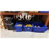 Image 1 : 4 PLASTIC STORAGE BINS AND 3 BLACK ROLLER TOOL CASES OF ASSORTED CABLE AND EXTENSION