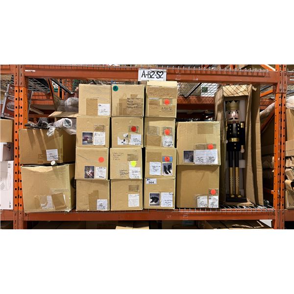 ONE PALLET SHELF SECTION FULL OF ASSORTED BANQUET/EVENT  ITEMS - BOOTS AND DECORATIVE