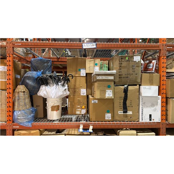 ONE PALLET SHELF SECTION FULL OF ASSORTED BANQUET/EVENT  ITEMS - UMBRELLAS/WICKER BASKETS/LIGHTING