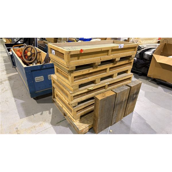 4 WOODEN CRATES OF ASSORTED SIZE CLEAR GLASS SHELVES