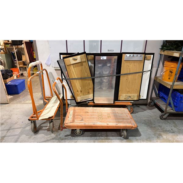 GROUP OF (3) MOBILE WORK/MATERIAL CARTS *MIRRORED BOARDS ON CART INCLUDED*
