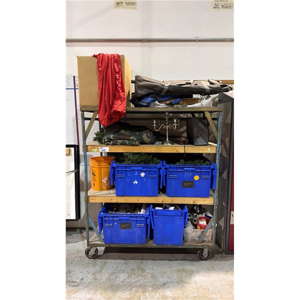 4 TIER MOBILE SHELVING UNIT AND CONTENTS