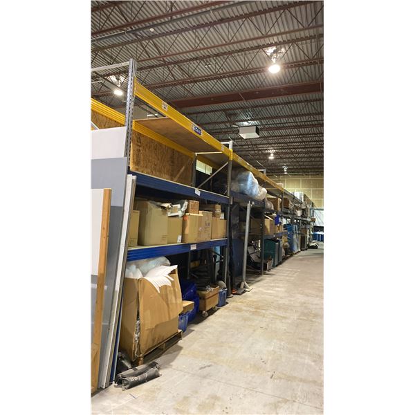 ONE ROW (8 BAYS) OF PALLET RACKING SILVER, BLUE & YELLOW) - (9) 12FT UPRIGHTS, (44) 12FT