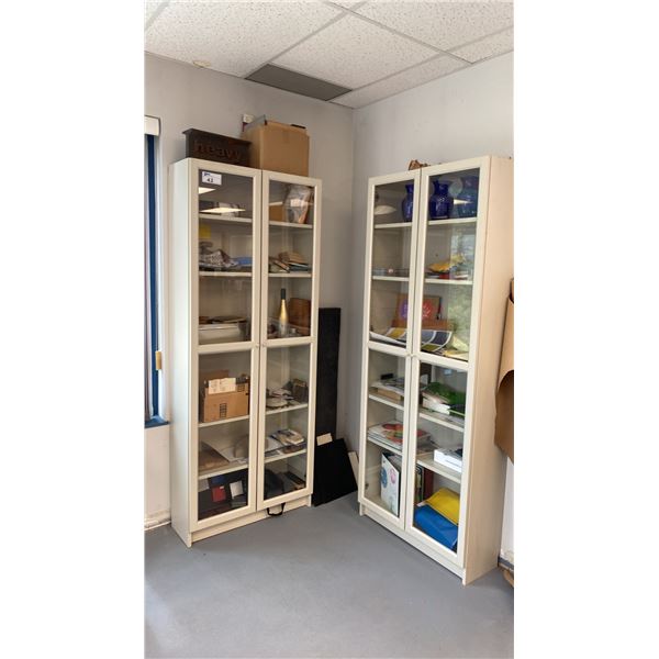 (2) 7FT TALL WHITE GLASS FRONT CABINETS AND CONTENTS