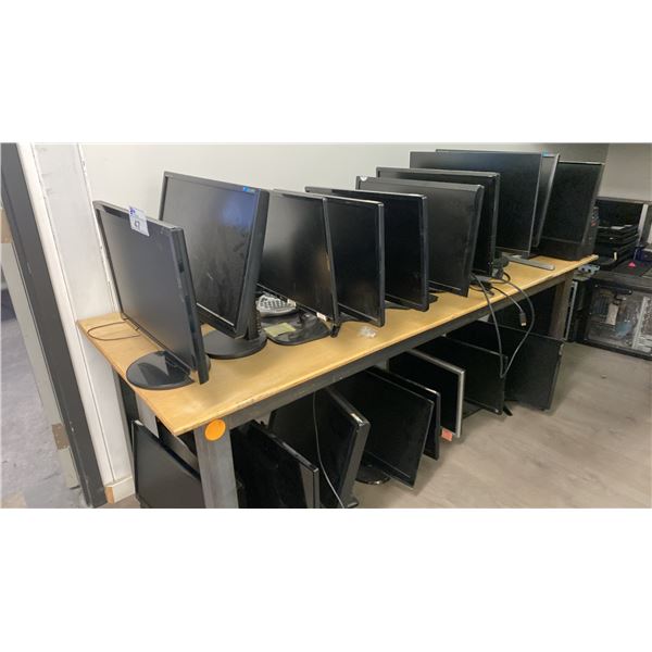 GROUP OF (19) ASSORTED COMPUTER MONITORS, KEYBOARDS AND ONE BATTERY BACKUP POWER UNIT
