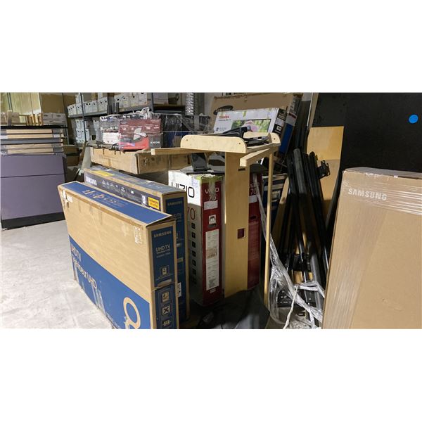CONTENTS OF MEZZANINE AREA - LARGE ASSORTMENT OF BOXED TV'S (UNTESTED), TABLES, DESKS,