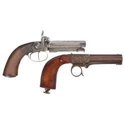 Two Percussion Pistols -A) Engraved English Double Barrel Percussion Pistol  B) Engraved European Si