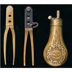 Two Bullet Molds and One Powder Flask by Massachusetts Arms Company