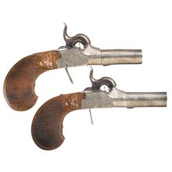 Pair of Engraved French Box Lock Percussion Screw Barrel Muff Pistols -A) French Box Lock Percussion
