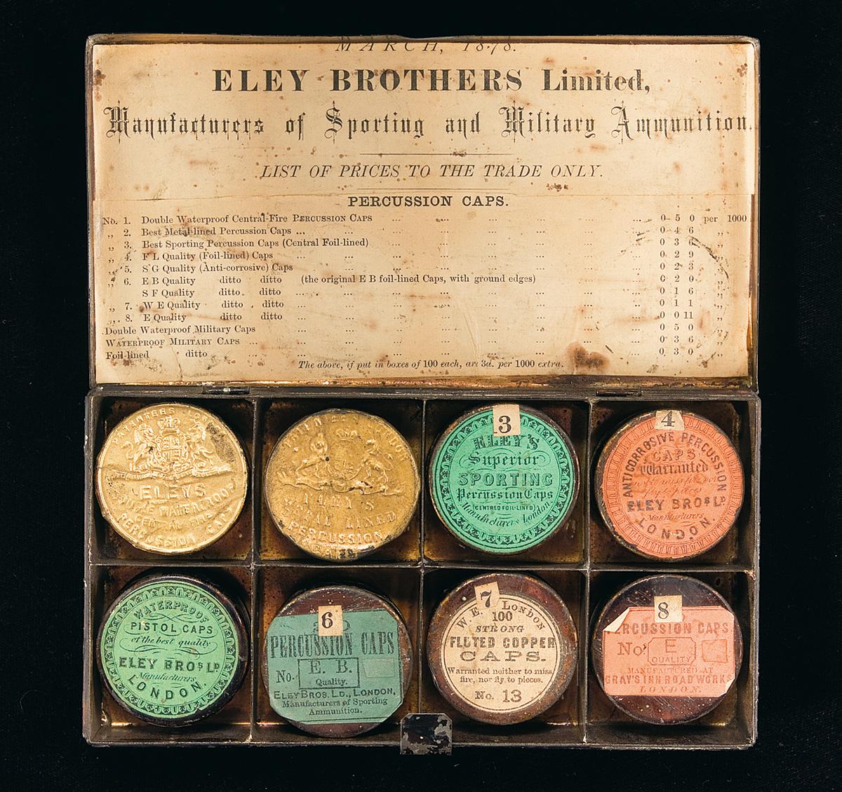 Rare Eley Brothers Display of Eight Percussion Cap Tins