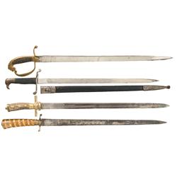 Two Huntsman's Swords, A Short Sword, and an Imperial German Parade Bayonet