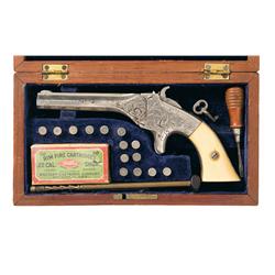 Scarce Cased Factory Engraved T.J. Stafford Single Shot Derringer with Ivory Grips
