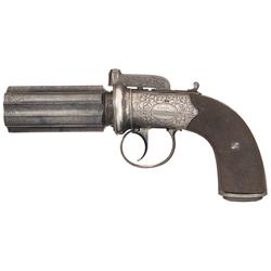 Fine Engraved J. Lang Marked British Bar Hammer Pepperbox Pistol