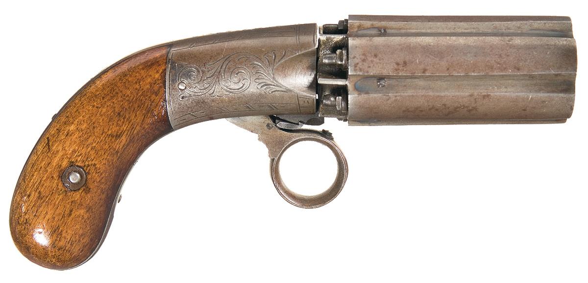 Engraved J. R. Cooper's Patent Marked Underhammer Pepperbox Pistol