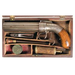 Cased Engraved Allen & Thurber Dragoon Sized Percussion Pepperbox with Accessories