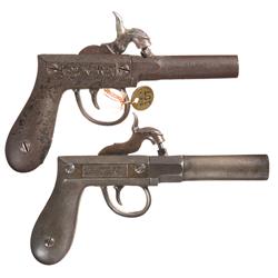 Two William Butler's Patent Single Shot Percussion Pistols -A) William Butler's Patent Single Shot P