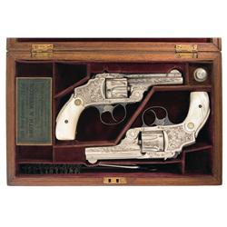 Pair of Cased New York Engraved Smith & Wesson 3rd Model 38 Safety Hammerless Double Action Revolver