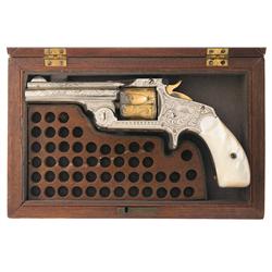 Cased New York Engraved Smith & Wesson .38 Single Action 2nd Model Revolver with Pearl Grips and Fac