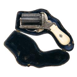 Exceptional Relief Engraved Pinfire Pepperbox Revolver with Ivory Grip and Extremely Rare Pipe Case