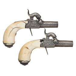 Pair of Engraved and Ivory Gripped Le Page Muff Pistols -A) Engraved Le Page Percussion Muff Pistol 