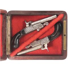 Rosewood Cased Pair of Engraved French Vest Pocket Pinfire Pistols with Box of Cartridges -A) French
